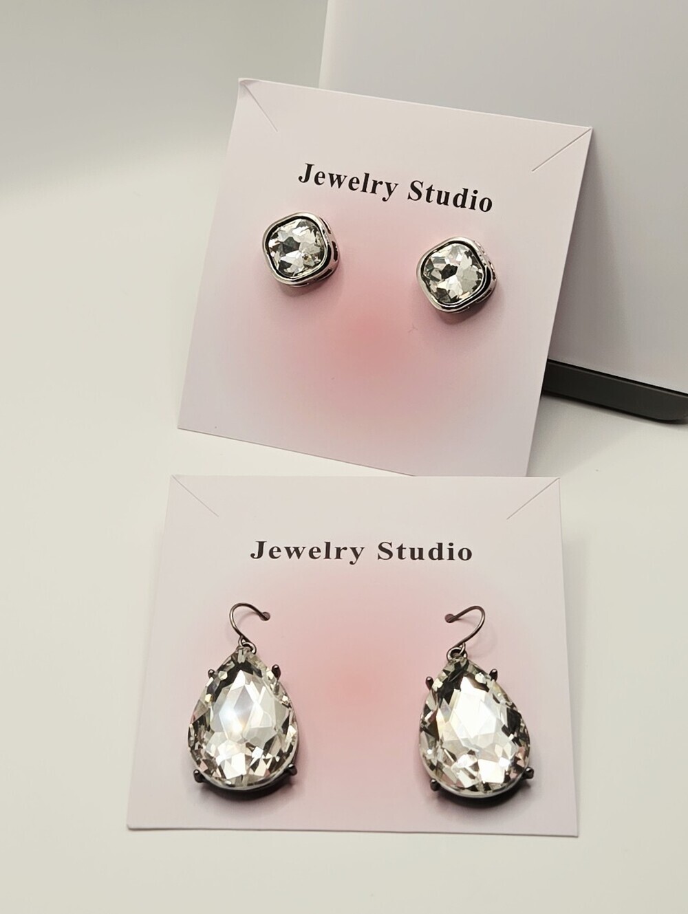 Fashion Jewelry Clear Teardrop Dangle & Clear Stud Glass Stone Earring Set Of 2 - Picture 9 of 16